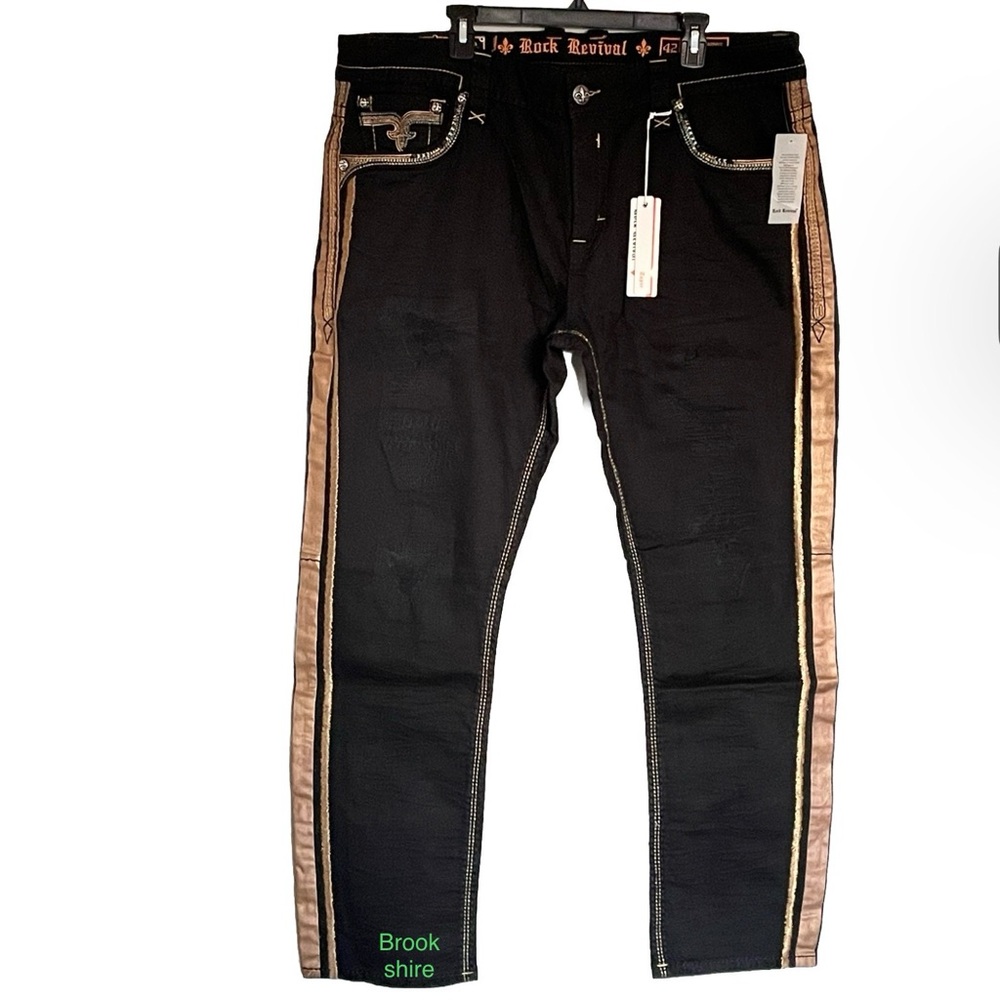 Rock Revival Jeans Sycamore Taper Black Gold Stripe Embroidered Men’s Size 42